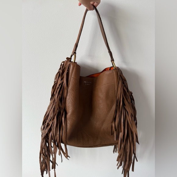 Authentic Vintage Prada Brown Cervo Deerskin Fringe Hobo Shoulder Bag - Picture 1 of 14